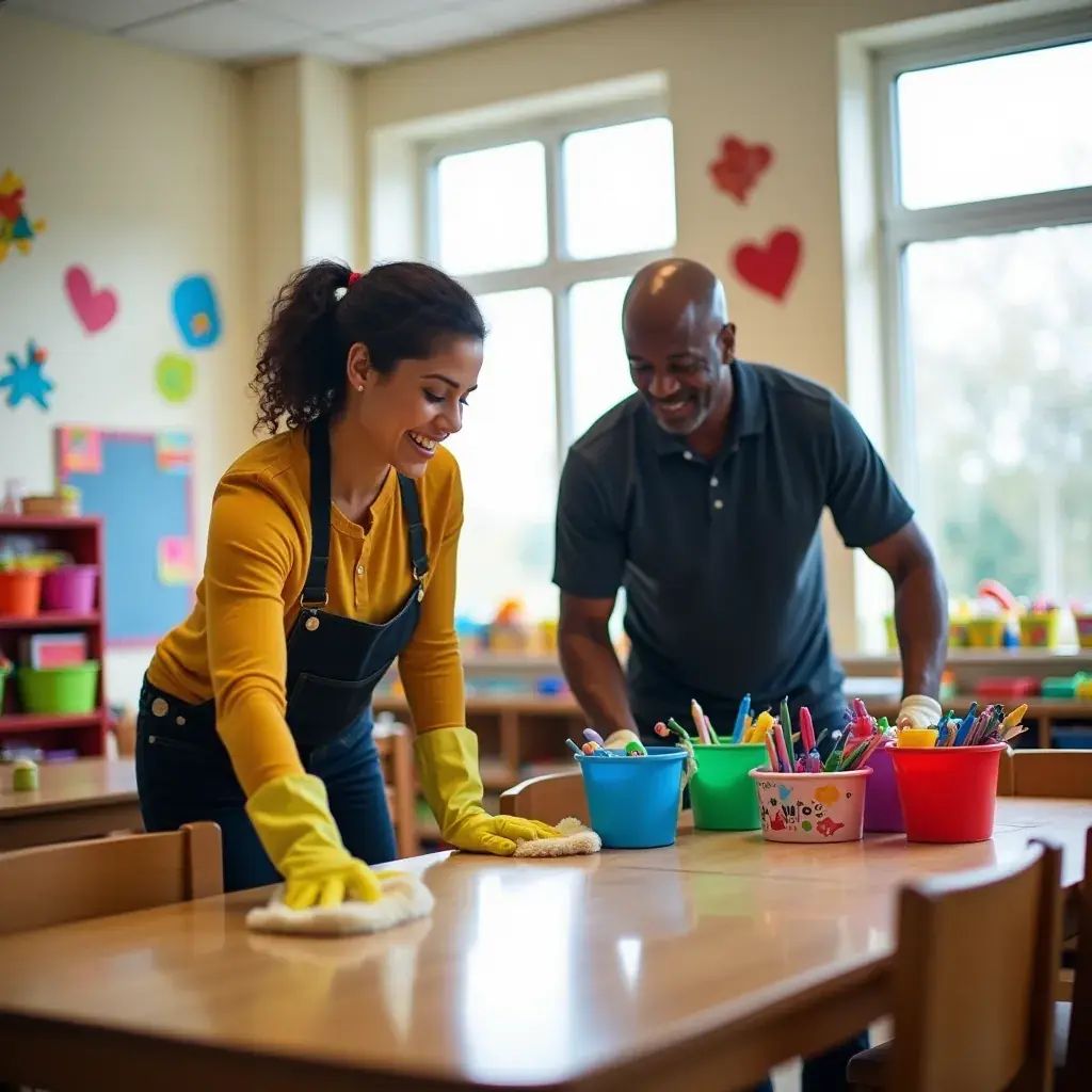 A team of cleaners discussing their room-by-room task blueprint in an office.