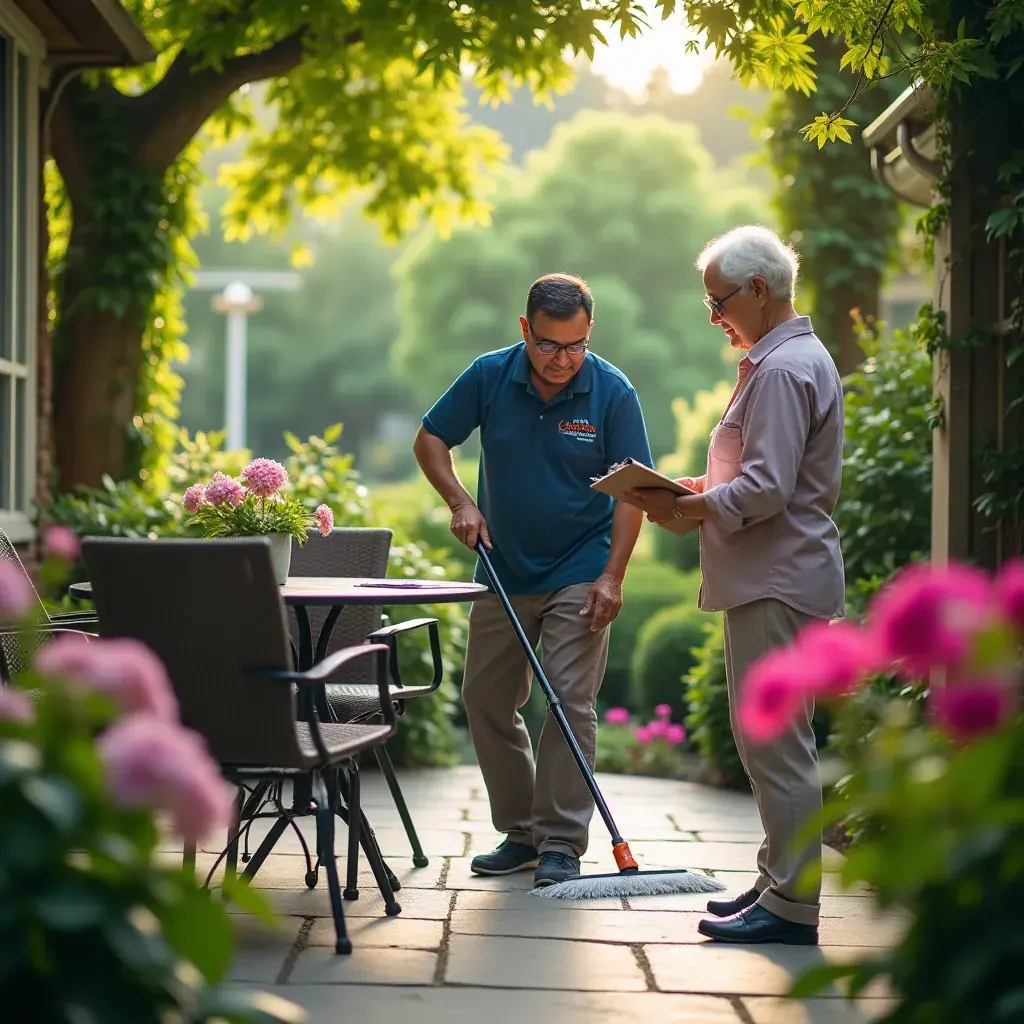 A family enjoying a freshly cleaned living room with sunlight streaming in.