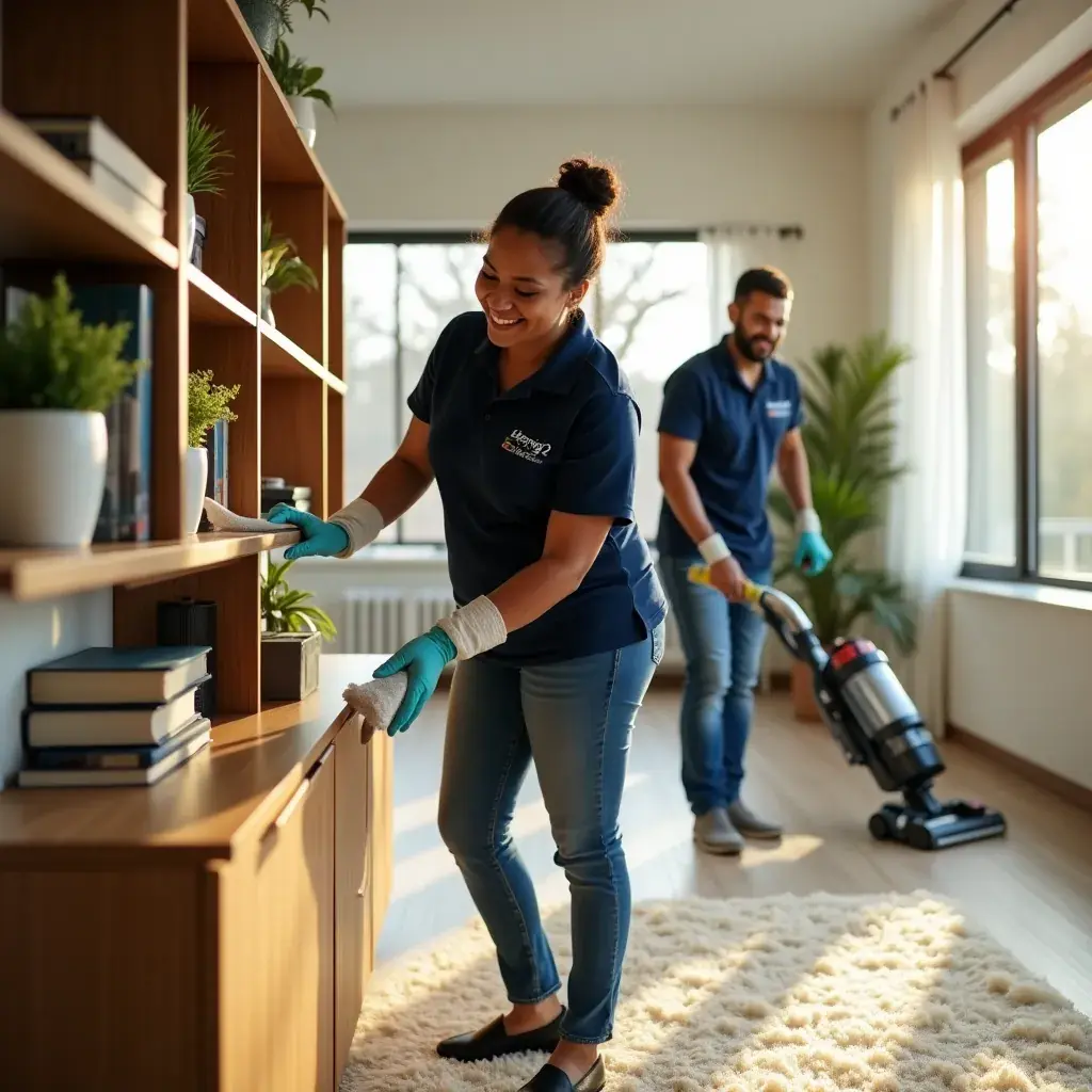 An office desk being organized and sanitized by a diligent cleaning team.