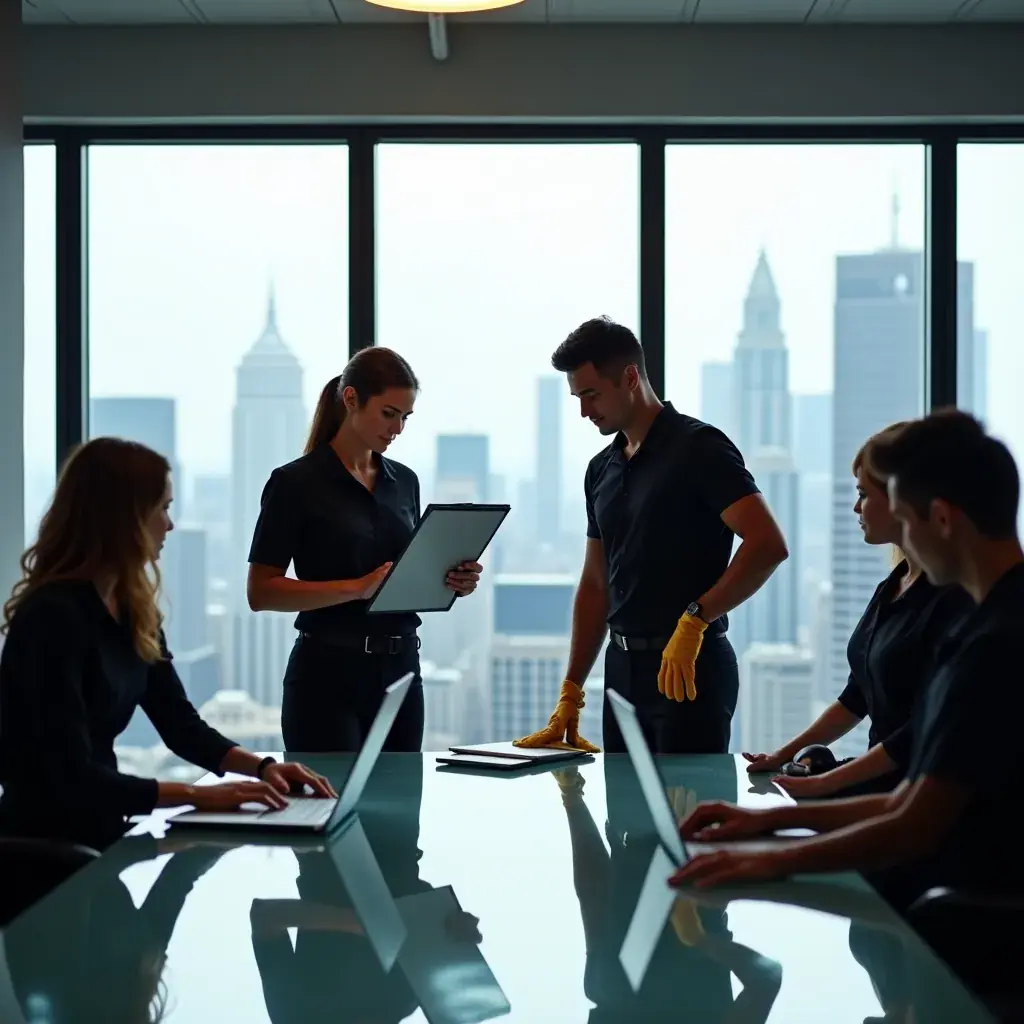 A happy customer giving feedback to a cleaning professional in a bright room.