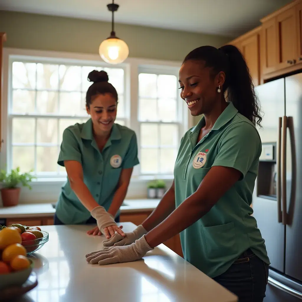 A professional cleaner dusting a bookshelf in a cozy living room.